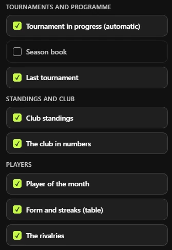 The web portal, club screen settings: the club ticks the pages the screen turns through, from the tournament in progress and the club standings to player of the month and the rivalries.