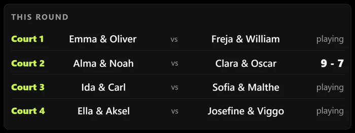 The club screen during an americano: this round’s match on each court.