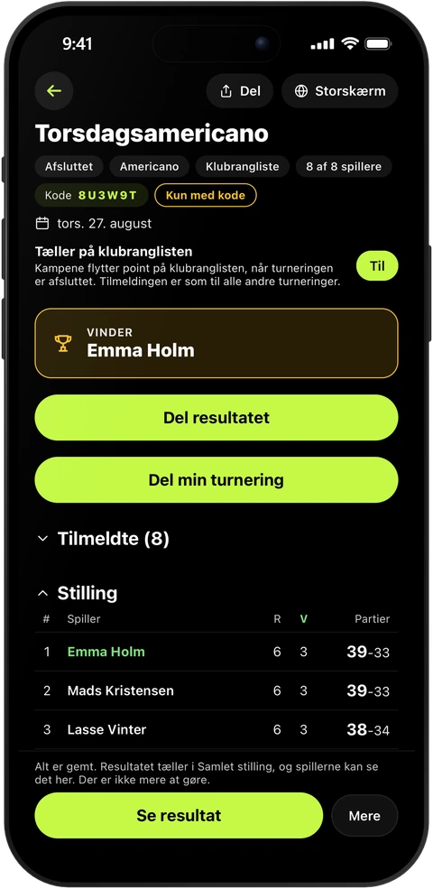 En afsluttet americano i PadelRanks: vinderen, knapper til at dele resultatet og stillingen med runder, sejre og partier.