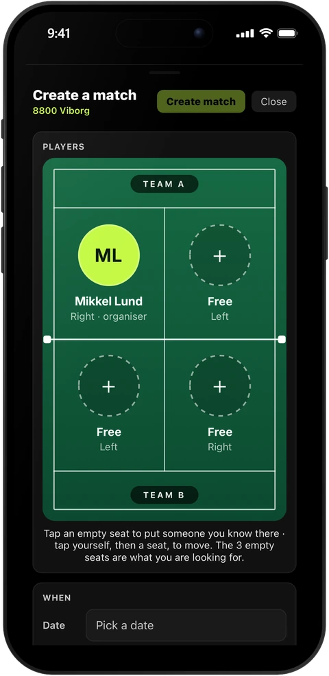 Create a match in PadelRanks: the court with Team A and Team B, the organiser in one seat and three empty seats.