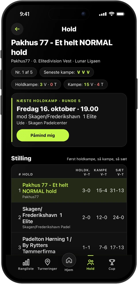 Holdsiden i PadelRanks: et hold i Lunar Ligaen med næste holdkamp, knappen Påmind mig og stillingen.