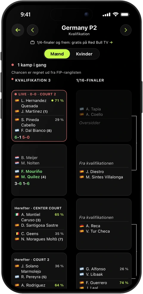 PadelRanks-appen med lodtrækningen fra Premier Padel Germany P2: kvalifikation og 1/16-finaler, en kamp live og vinderchance ud fra FIP-ranglisten.