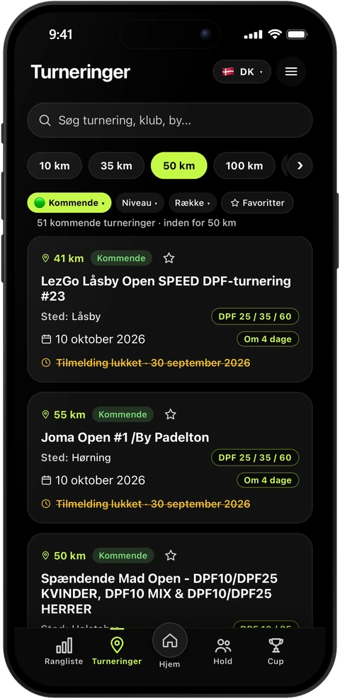 Turneringer i PadelRanks: kommende DPF-turneringer inden for 50 km med afstand, rækker, dato og tilmeldingsfrist.